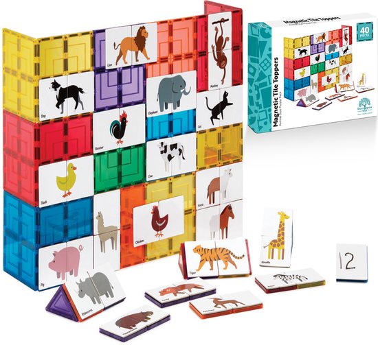 Learn & Grow - Magnetische Tegel Toppers - Dieren Duo Puzzel Pakket - 40 Stuks - Magnetische Bouwstenen Opzetstukken van Lea