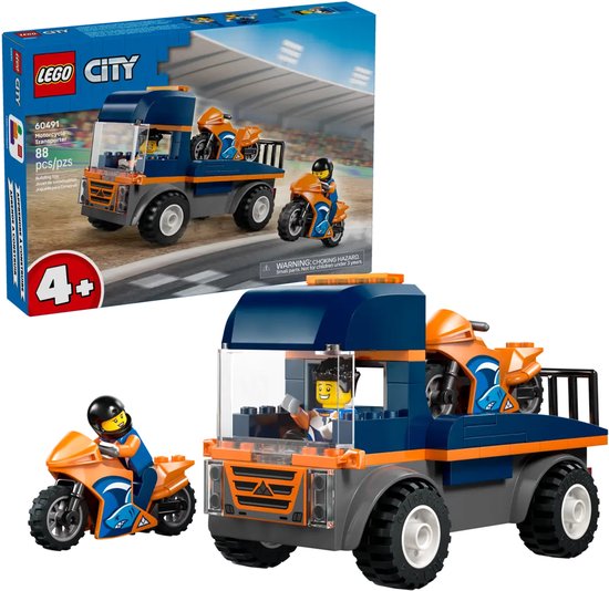 LEGO® City Transportwagen voor Motoren - Dieplader - Bouwset met Speelgoedvoertuigen - 2 Speelgoedmotoren - 2 Minifiguren - Eenvoudig te Bouwen Vrachtwagenmodel voor Jongens en Meisjes Vanaf 4 Jaar - Cadeau voor Kinderverjaardagen - 60491 van Merkloos