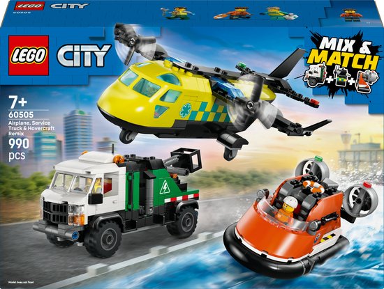 LEGO® City Vliegtuig, Servicewagen en Hovercraft Remix - Speelgoedset met Hulpdienstvoertuigen - Stimuleer Fantasierijk Speelplezier met 3 Modellen - Interactief Speelgoed - Cadeau voor Jongens, Meisjes en Kinderen Vanaf 7 Jaar - 60505 van Merkloos