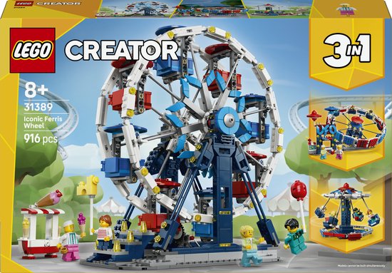LEGO® Creator 3in1 Klassiek Reuzenrad Bouwspeelgoed - Maak een Reuzenrad, UFO-Attractie of Zweefmolen - Fantasierijk Kermisplezier - Cadeautip voor Jongens en Meisjes Vanaf 8 Jaar - 31389 van Merkloos