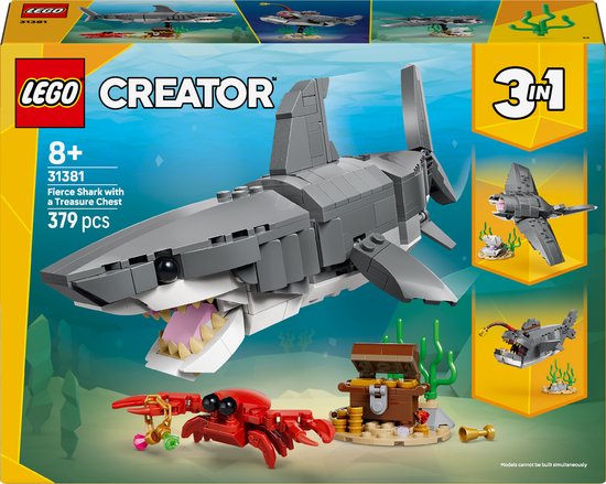 LEGO® Creator 3in1 Woeste Haai met Schatkist - Zeedierenspeelgoed - Set met 3 Bouwmogelijkheden, Haai, Lantaarnvis of Mantarog Figuren - Cadeau voor Kinderen Vanaf 8 Jaar - 31381 van Merkloos