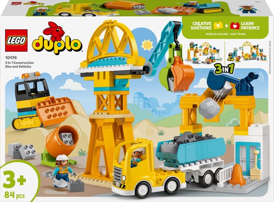 LEGO® DUPLO® Town 3-in-1 Bouwplaats en Voertuigen - Bouwplaatsset met Cementmolen, Kraan en Kiepwagen - Educatief Peuterspeelgoed - Stimuleer Kritisch Denken - Vanaf 3 Jaar - 10476 van Merkloos