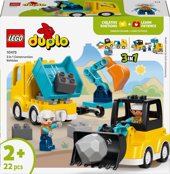 LEGO® DUPLO® Town 3-in-1 Bouwvoertuigen Speelgoed - Bouwset voor Peuters met 2 Figuren en Stenen om een Graafmachine, Kiepwagen, Sleepwagen of Laadwagen te Bouwen - 10475 van Merkloos