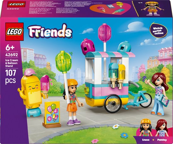 LEGO® Friends IJsjes- en Ballonnenkraam Bouwset - Fantasiespeelgoed - 2 Minipoppetjes, Fiets, Mascotte, Ballonnen, IJslolly's, Kassa – Cadeautip voor Meisjes en Jongens Vanaf 6 Jaar – 42692 van Merkloos