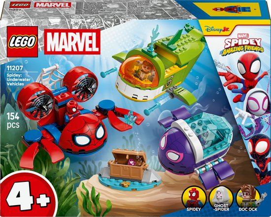 LEGO® ǀ Marvel Spidey en Zijn Geweldige Vriendjes Spidey: Onderwatervoertuigen Bouwset - Cadeau voor Kinderen Vanaf 4 Jaar - Spidey Bouwset - 3 Onderzeeërs en 3 Minifiguren - 11207 van Merkloos