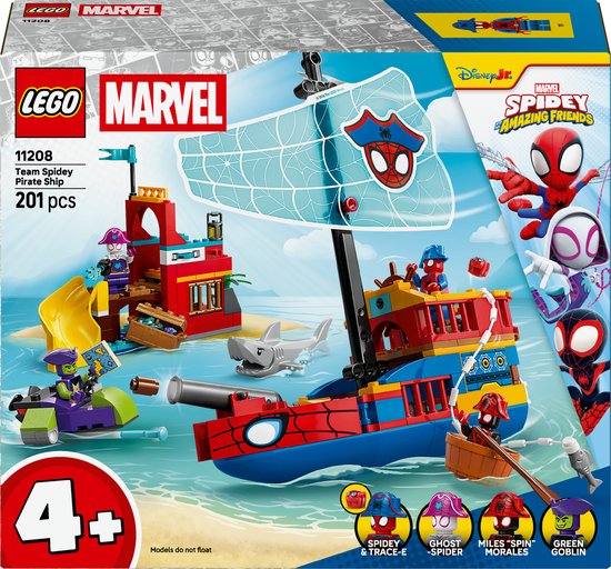 LEGO® ǀ Marvel Spidey en Zijn Geweldige Vriendjes Team Spidey Piratenschip - Superheldenbouwset voor Kinderen Vanaf 4 Jaar - Bouw- en Speelset met 4 Minifiguren - Cadeautip - 11208 van Merkloos