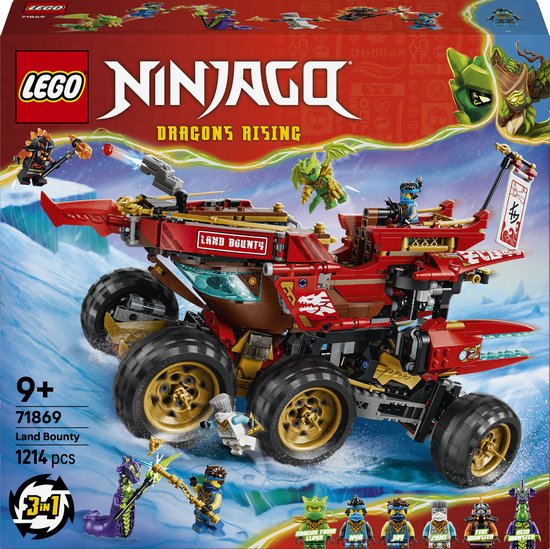 LEGO® NINJAGO® Land-Bounty - Fantasierijke Set voor Kinderen Vanaf 9 Jaar - 3 Voertuigen en 6 Minifiguren - Inclusief een Motor, Terreinbuggy en Schip - Cadeautip voor Jongens en Meisjes - 71869 van Merkloos