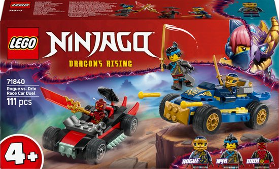 LEGO® NINJAGO® Rogue vs. Drix Racewagenduel, Ninjaspeelset met 3 Minifiguren, 2 Raceauto's, 2 Ninjakatana's en een Onthullingszwaard, Cadeautje voor Kinderen Vanaf 4 Jaar 71840 van Merkloos