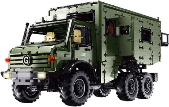 Leier/Rael LE-J907 expeditievoertuig zoals Unimog met wooncabine (zonder motoren) is compatibel met het bekende merk. van LEGO