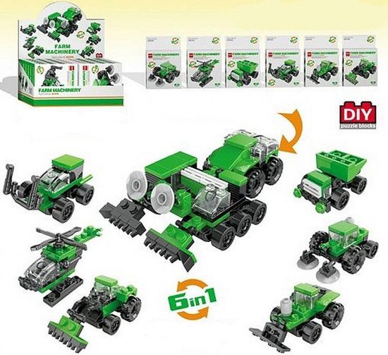 Lg-imports Bouwpakket 6 in 1 vrachtwagen maaier shovel helikopter heftruck loader groen 6 verschillende van LG-Imports