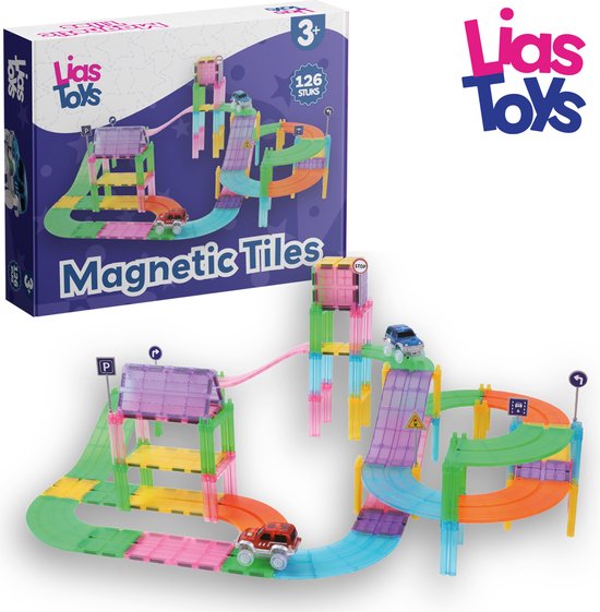 LiasToys® - Magnetic tiles racebaan - Zelfrijdende auto - Magnetische tegels - 126stuks - Magnetisch speelgoed - Magnetic toys - Open ended - Bouw je magna wereld van LiasToys®