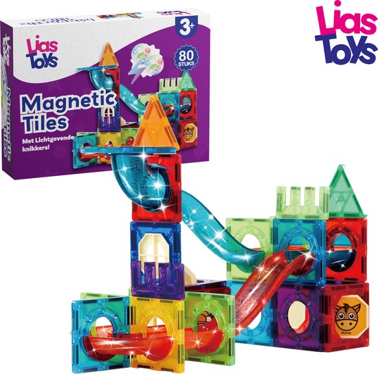 LiasToys® - Magnetisch speelgoed - Magnetic tiles - 80stuks - Knikkerbaan - Montessori speelgoed - Magnetische Bouwstenen - Lichtgevende knikkers van LiasToys®
