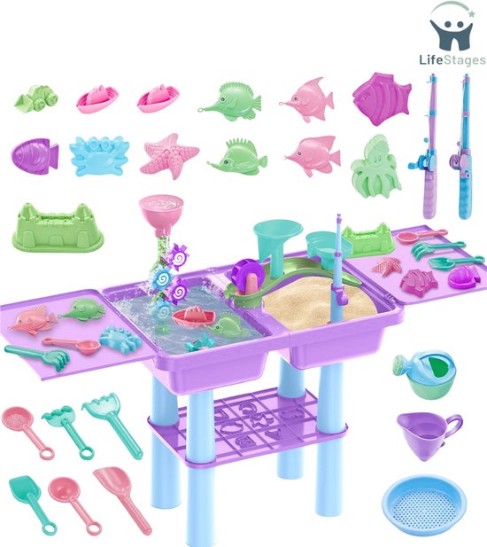 LifeStages - Watertafel - 3-In-1 Waterspeeltafel Voor Kinderen En Visspel - 26-Delige Accessoires Incl. Zandschep - Waterrad - Speeltafel Met Deksel - Zandspeelgoed Vanaf 2 - 3 - 4 Jaar - Paars van LifeStages