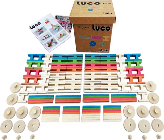 Luco Large ECO Blokken en plankjes. Met verbindingsstukken en wielen, past op KAPLA, Bblocks. Duurzame constructieset hout. 144 elementen. van Luco
