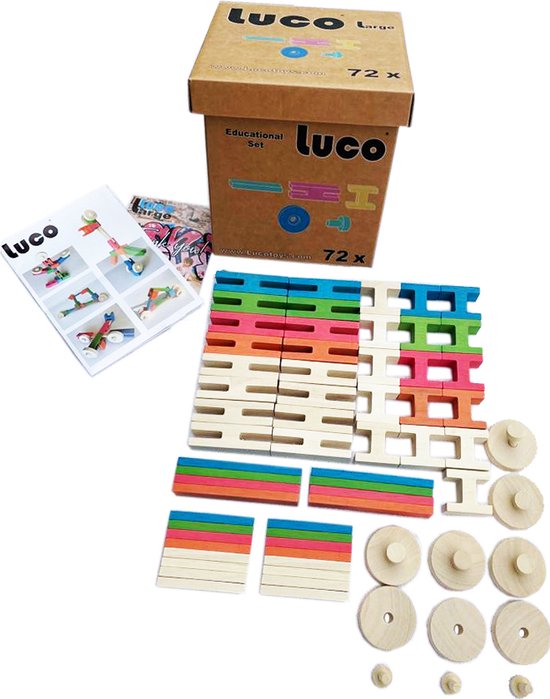 Luco Large ECO Blokken en plankjes. Met verbindingsstukken en wielen, past op KAPLA, Bblocks. Duurzame constructieset hout. 72 elementen. van Luco