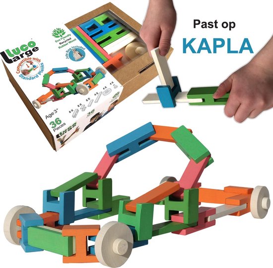 Luco Large Eco houten speel Blokken, wielen en plankjes. Uitbreiding voor KAPLA. Duurzame constructieset. 36 elementen. van Luco