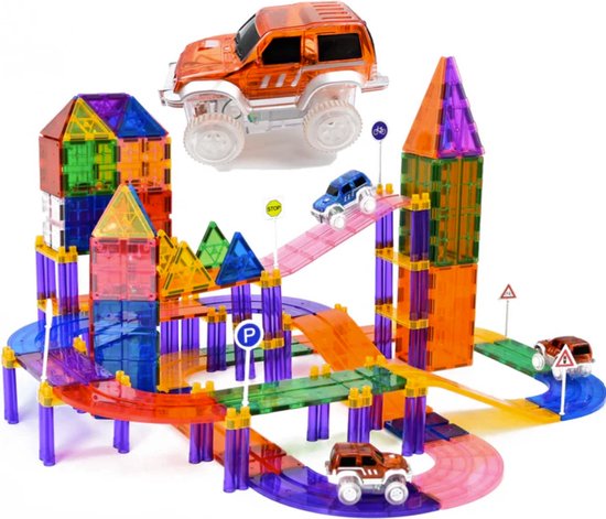 Magna Minds - Magnetic Tiles racebaan - Zelfrijdende auto - Magnetisch Speelgoed – 122 stuks - Constructie speelgoed - Magnetische tegels - Montessori speelgoed - Magnetic toys - Magnetische bouwstenen - Speelgoed Kinderen van Magna Minds