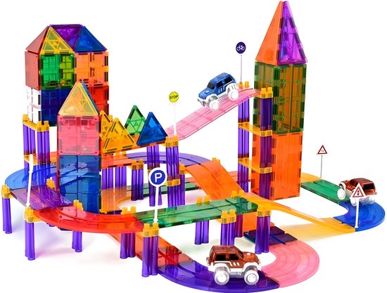 Magna Minds - Magnetic Tiles racebaan - Zelfrijdende auto - Magnetisch Speelgoed – 78 stuks - Constructie speelgoed - Magnetische tegels - Montessori speelgoed - Magnetic toys - Magnetische bouwstenen - Speelgoed Kinderen van Magna Minds