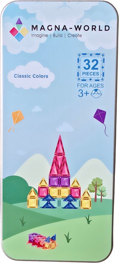 Magna-World Classic Colors Mini 32 stuks - Magnetische Bouwstenen - Travel set - Reisset - Magnetic Tiles - Magnetisch Speelgoed - STEM Speelgoed - Montessori speelgoed - compatibel met de grote merken van Magna-World®