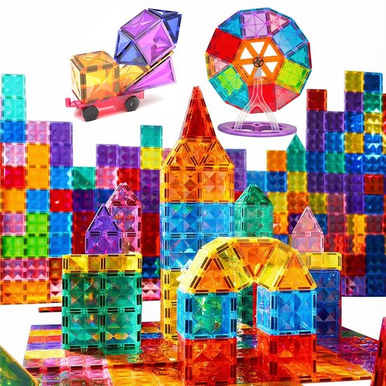 Magnetic Tiles 100 Stuks - Groot Formaat Magnetisch Speelgoed Bouwstenen met Auto & Reuzenrad - Educatief Constructie Speelgoed - Magnetic toys - Montessori 3D Puzzel - Creatief Verjaardag Cadeau voor Jongens & Meisjes 3 Jaar Kinderen van DreamFun