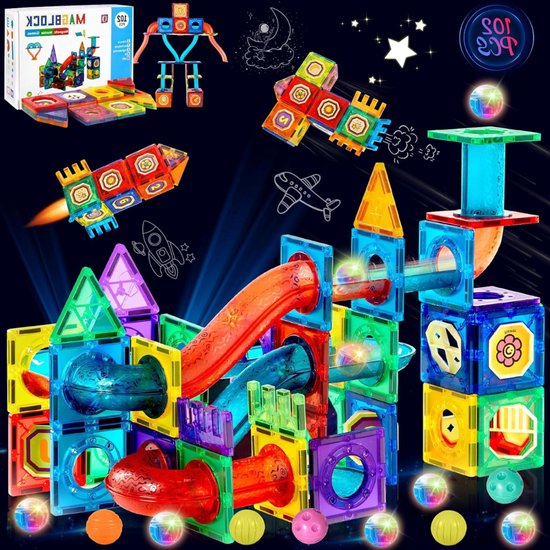 Magnetic Tiles Knikkerbaan - 102 Stuks - Magnetisch Bouwspeelgoed Met Buizen - Montessori-Speelgoed Voor Kinderen - Educatieve Bouwstenen - Geschikt Voor Jongens En Meisjes Vanaf 3 Jaar van Merkloos