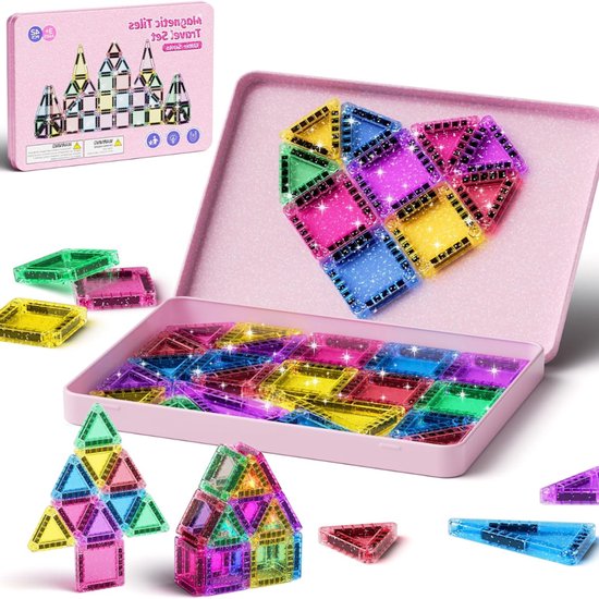 Magnetic Tiles Knikkerbaan - 42-Delige Magnetische Bouwstenen Met Glitter - 42-Delig Reisspeelgoed Voor Kinderen - Magnetische Bouwstenen Met Ijzeren Basis - Magnetische Bouwstenen - Reisspeelgoed - Cadeau Voor Meisjes Van 3 Jaar van Merkloos