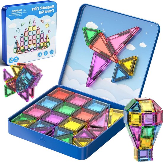 Magnetic Tiles Knikkerbaan - Magnetische Bouwstenen - 60 Stuks - Reisspeelgoed Magnetische Tegels - Met Ijzeren Doos Zintuiglijke Bouwset - Educatief Cadeau - Voor Jongens En Meisjes Van 3-8 Jaar van Merkloos