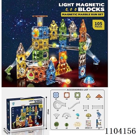 Magnetic Tiles - Knikkerbaan met Discobal en Lichteffect – 105 delig - Magnetische Bouwblokken van Merkloos