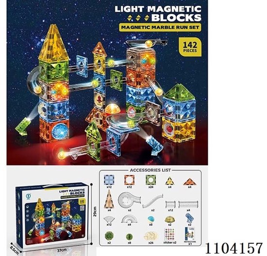 Magnetic Tiles - Knikkerbaan met Discobal en Lichteffect – 142 delig - Magnetische Bouwblokken van Merkloos