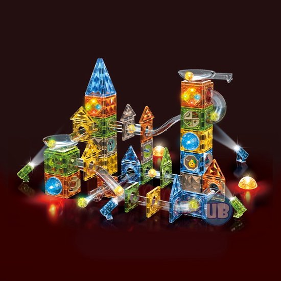 Magnetic Tiles - Knikkerbaan met Discobal en Lichteffect - 174 delig - Magnetische Bouwblokken van Merkloos