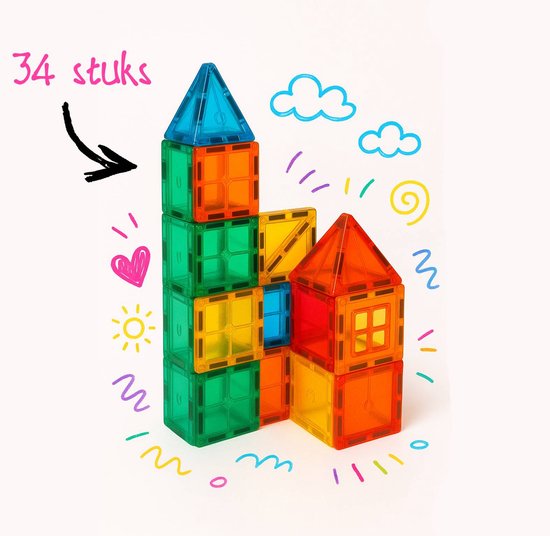 Magnetic Tiles - Magnetisch Speelgoed - 34 stuks - Constructie speelgoed - Magnetische tegels - Speelgoed 3-12 jaar van Merkloos