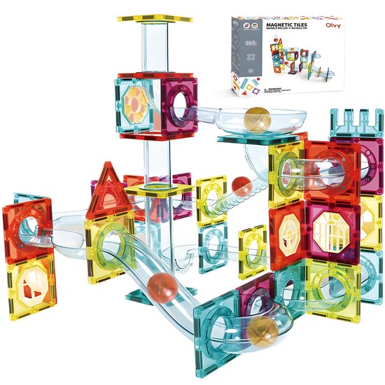 Magnetic Tiles - Magnetisch Speelgoed - Knikkerbaan - 95 Stuks - Magnetische Tegels - Montessori Speelgoed - Magnetische Bouwstenen - Magnetische Bouwblokken - Bouw je Magna Wereld - Kinderen - Olvy van Olvy