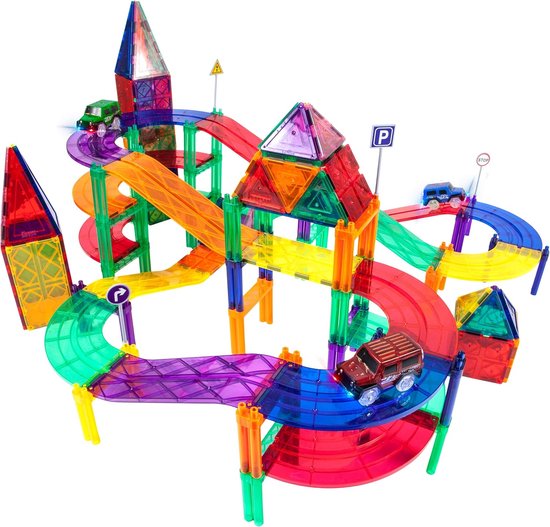 Magnetic Tiles Racebaan - 126 Stuks - Magnetisch Speelgoed - Magnetische Tegels - Educatief & Constructie - Auto's - Montessori - Bouwstenen - Bouwblokken - Voor 3, 4, 5, 6, 7, 8, 9 Jaar - Bouw je Magna Wereld - Kinderen - Olvy van Olvy