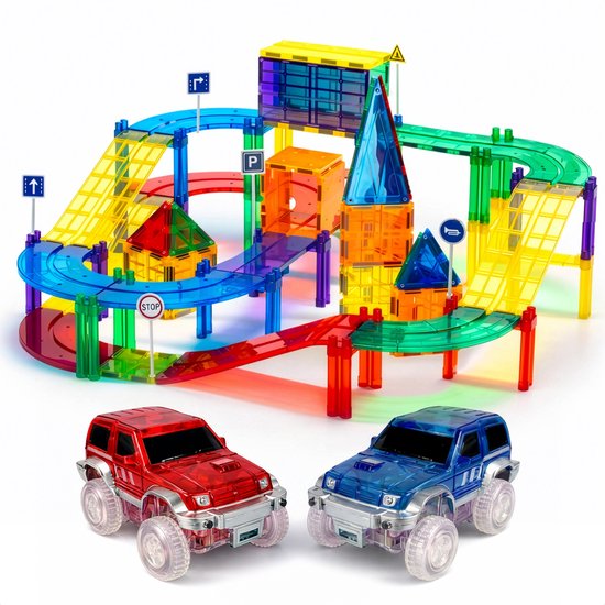 Magnetic tiles Racebaan - Constructiespeelgoed - Magnetische tegels - Speelgoed - 105 stuks - Montessori - Met 2 extra auto's van Merkloos