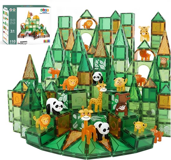 Magnetic Tiles - Speelgoed - 110 Stuks - Magnetische Tegels - Jungle - Dieren - Educatief & Constructie - Montessori - 50 Stuks - Bouwstenen - Bouwblokken - Bouw je Magna Wereld - Voor 3, 4, 5, 6, 7, 8, 9 Jaar - Kinderen - Olvy van Merkloos