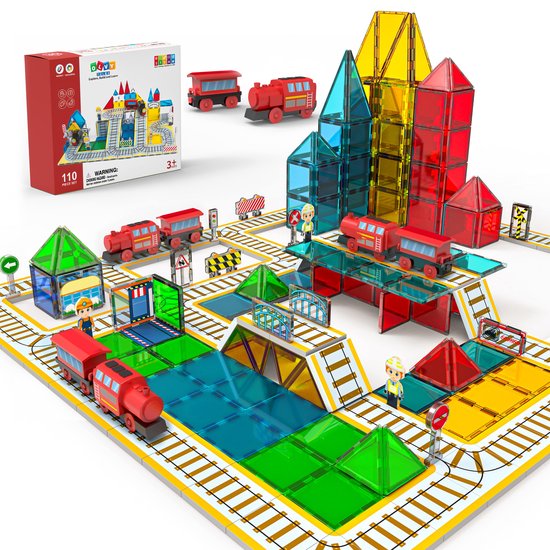 Magnetic Tiles - Trein Set - Magnetisch Speelgoed - 110 Stuks - Magnetische Tegels - Educatief & Constructie - Montessori - Bouwstenen - Bouwblokken - Magna Wereld - Kinderen - Voor 3, 4, 5, 6, 7, 8 Jaar - Olvy van Merkloos