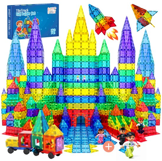 Magnetic Tiles - XL Bouwset 129 stuks - Magna wereld - Magnetische tegels - Speelgoed - Magneet tegels - Montessori - Bouwstenen - Met 4 personages van Merkloos