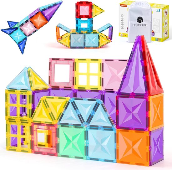 Magnetisch Blokken Bouwset voor Kinderen – 60-delige Educatieve Constructieset – Magnetisch Speelgoed vanaf 3 Jaar – Creatieve Bouwstenen – Cadeau voor Jongens en Meisjes – Magnetische Tegels – Educatief Speelgoed van Merkloos