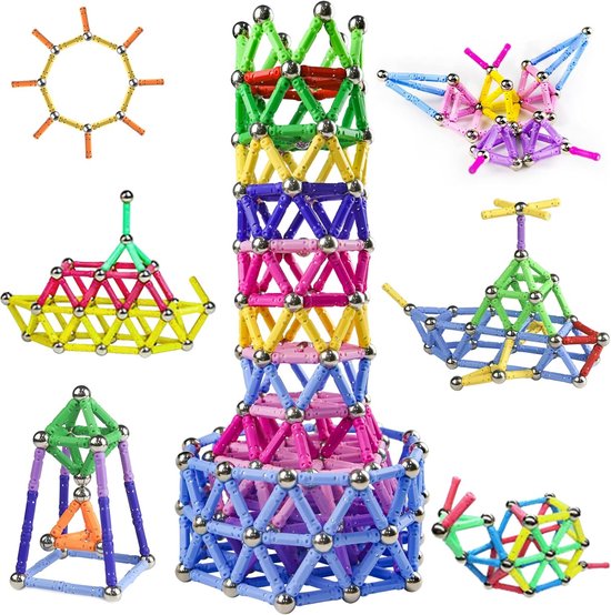 Magnetisch Bouwspeelgoed Stick Set - 320 Stuks - STEM Magneten Puzzel - Educatief Constructiespeelgoed - Oneindige 3D Vormen - Creatief Speelgoed voor Kinderen en Volwassenen - Inclusief Opbergzak en Ideeënboekje - 10 Kleuren van Merkloos