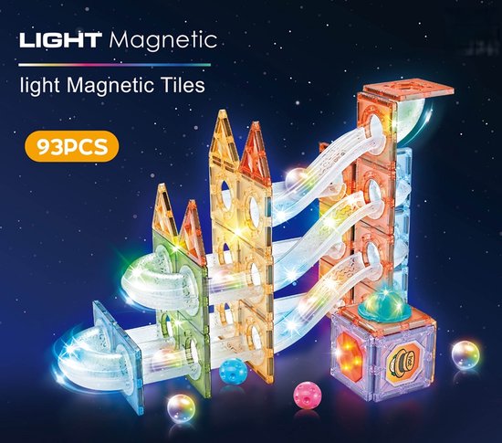 Magnetisch knikkerbaan met Licht – Manga Tiles - Mangnetisch bouwstenen met knikkerbaan - 93-delige - Magnetische Bouwset – Educatief Constructiespeelgoed voor Kinderen van Merkloos