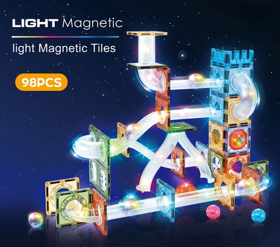 Magnetisch knikkerbaan met Licht – Manga Tiles - Mangnetisch bouwstenen met knikkerbaan - 98-delige - Magnetische Bouwset – Educatief Constructiespeelgoed voor Kinderen van Merkloos