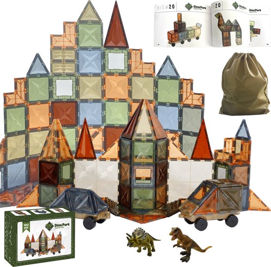 Magnetisch Speelgoed Dino Park 102 stuks - Montessori Speelgoed - Constructiespeelgoed - Magnetische Bouwstenen - Magnetic Tiles - Magnetische Tegels - Magneet Speelgoed van Merkloos