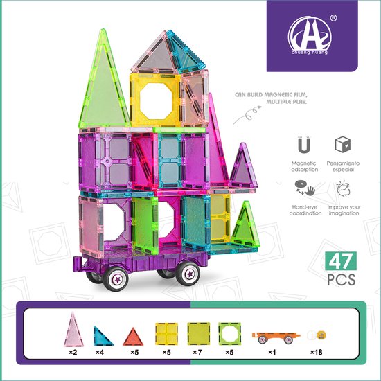 Magnetisch Speelgoed - Magnetic Tiles - Aanhanger - 47 stuks -Delig Constructiespeelgoed - Magnetische Bouwstenen - Magnetische Tegels - Magnetic toys - Duurzaam Speelgoed van Toyrific