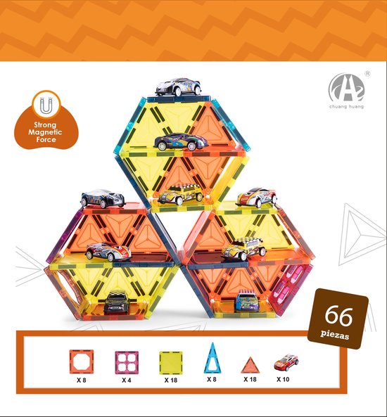 Magnetisch Speelgoed - Magnetic Tiles - autogarage - 66 stuks -Delig Constructiespeelgoed - Magnetische Bouwstenen - Magnetische Tegels - Magnetic toys - Duurzaam Speelgoed van Magnetisch Speelgoed