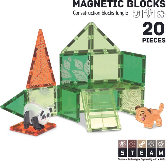 Magnetisch speelgoed - Magnetic tiles - Roosly - 20stuk Jungle - Montessori speelgoed - Magnetische Bouwstenen van Roosly