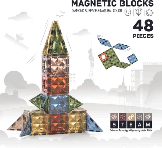 Magnetisch speelgoed - Magnetic tiles - Roosly - 48stuk - Montessori speelgoed - Magnetische Bouwstenen van Roosly