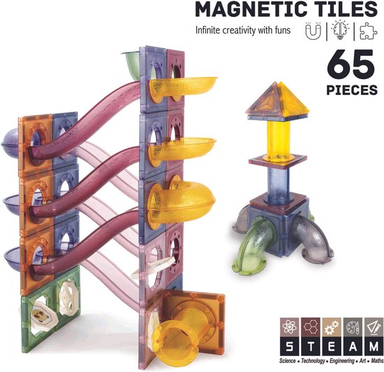 Magnetisch speelgoed - Magnetic tiles - Roosly - 65stuk - Magnetic tiles Knikkerbaan - Montessori speelgoed - Magnetische Bouwstenen van Roosly