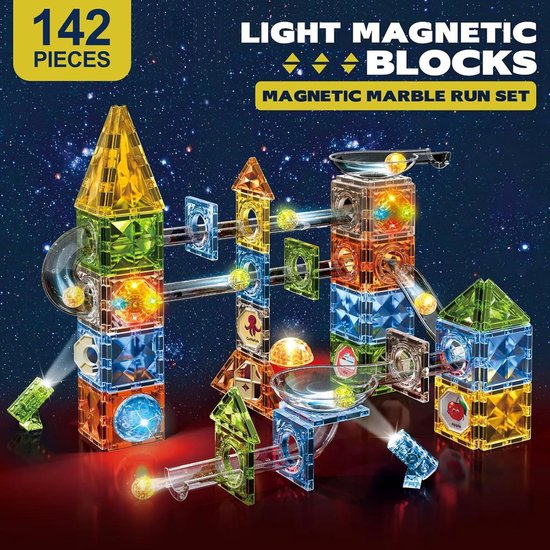 Magnetisch Speelgoed met 142 Onderdelen - Bouwblokken & Knikkerbaan - Kleurrijke Lichtgevende Magna Tegels - Sterke Magneten - Montessori STEM Spel - Educatief Speelgoed voor Kinderen 3 tot 10 Jaar van Merkloos