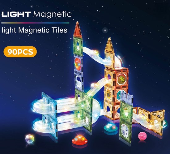 Magnetische Knikkerbaan - Manga Tiles - Magnetisch speelgoed - Knikkerbaan met Licht – 90-delige Bouwset – Educatief Speelgoed voor Kinderen van Merkloos