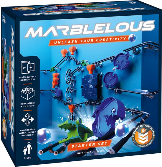 Marblelous Starterset XL – Knikkerbaan 500-delig – LEGO-compatibel – Educatief & Leerzaam speelgoed – Duurzaam materiaal – STEM-gecertificeerd – Gebruikt in scholen van Merkloos